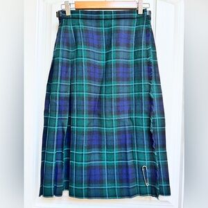 Vintage 100% New Wool Blue and Green Tartan Knee Length Kilt. Size UK 12